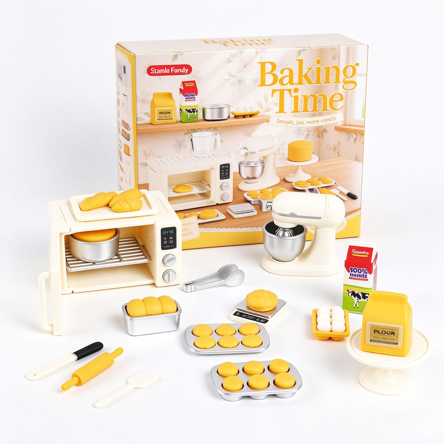 Baking Kitchen Set - ミニチュアベイクシミュレーションセット、ドールハウス用ミニチュアオーブン、ミキサー、おもちゃの食品、幼児向けごっこ遊びギフト、男の子・女の子向け。