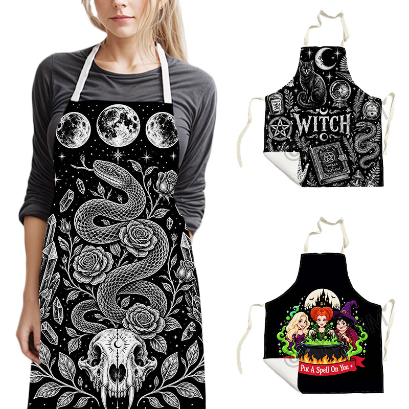 Kitchen Witch Baking - ゴシック風魔女風オカルト柄エプロン。蛇、月、ドクロ、バラのデザイン。女性用。調節可能な長さで、料理や製菓に最適。ホームパーティーの装飾にも使えるエプロン。