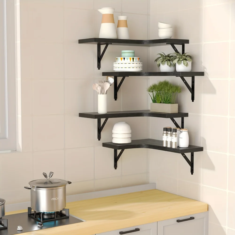 天然木目調フローティングシェルフ 壁掛けコーナー収納 モダン - Kitchen Uncle のレビューと価格